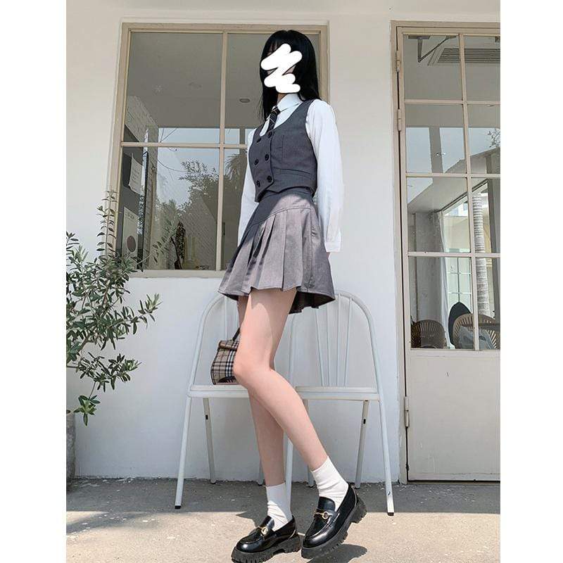 Kobine Faldas plisadas de cintura alta con chaleco cruzado Harajuku JK para mujer