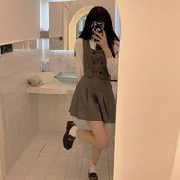Kobine Gilet à double boutonnage Harajuku JK pour femmes Jupes plissées taille haute
