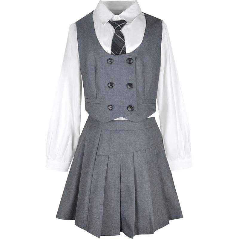 Kobine Women's Harajuku JK Double-breasted Vest High-waisted Pleated Skirts