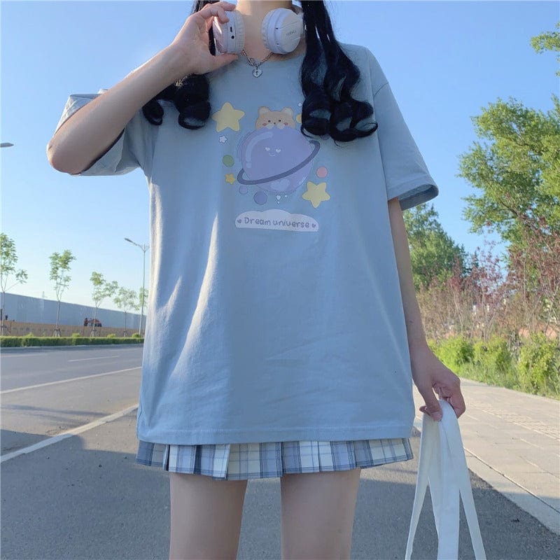 Kobine Damen Harajuku Kawaii Universe Bedrucktes Freizeit-T-Shirt
