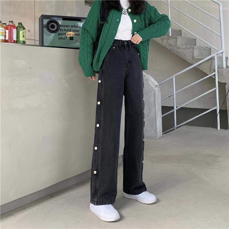 Kobine Damen Harajuku-Jeans mit seitlicher Knopfleiste und lockerer Passform