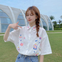 Kobine Women's Japanese Style Angel and Bow Embroidery Casual White Shirts
