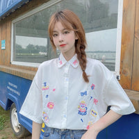 Kobine Women's Japanese Style Angel and Bow Embroidery Casual White Shirts