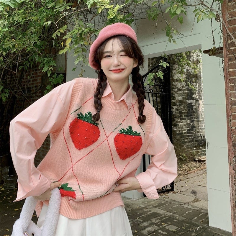 Kobine Women's Kawaii Beaded Strawberry Knitted Vest