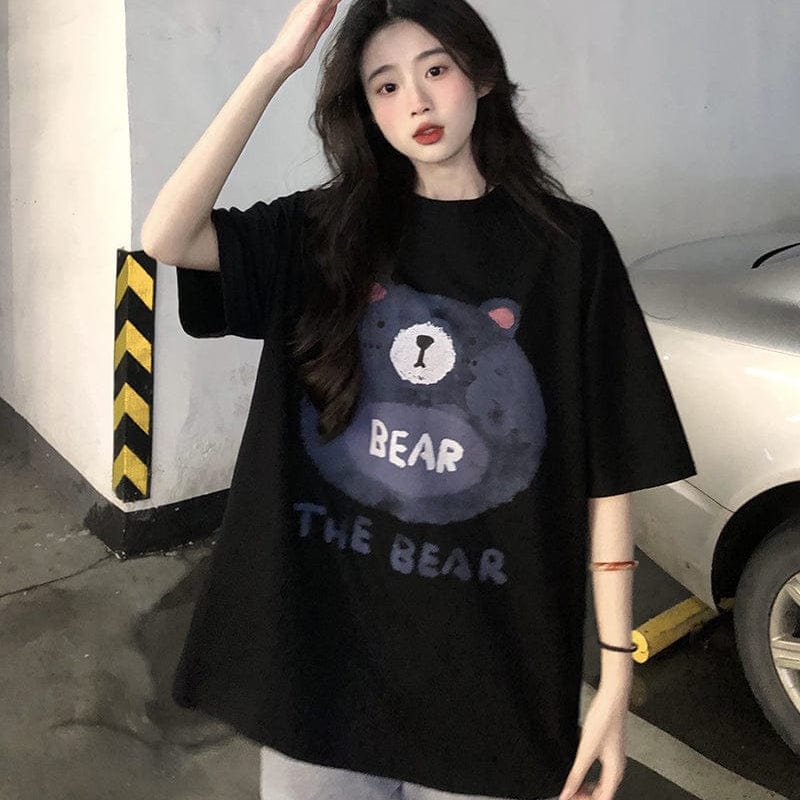 Kobine T-shirt en coton imprimé ours Kawaii pour femme