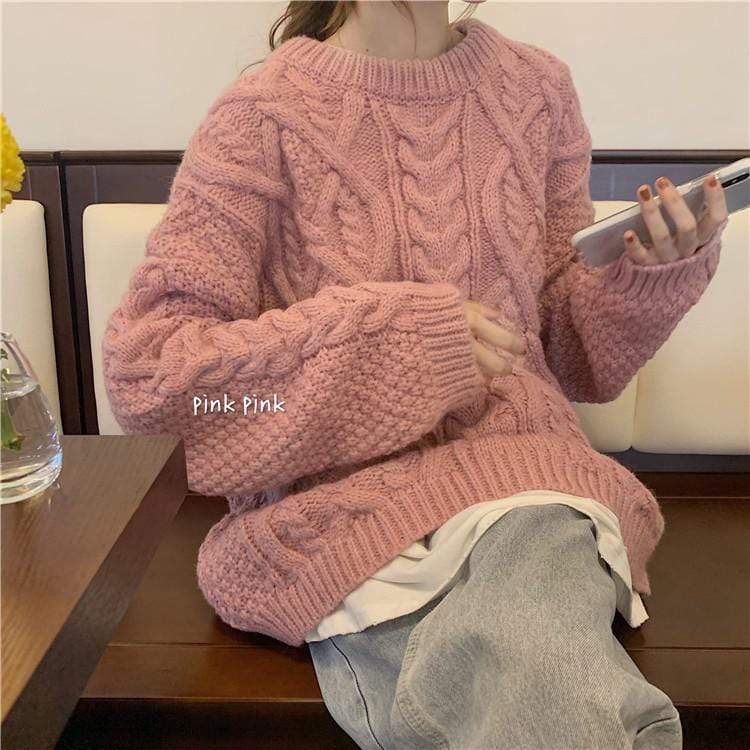 Kobine Women's Kawaii Cable Knitted Loose Sweater