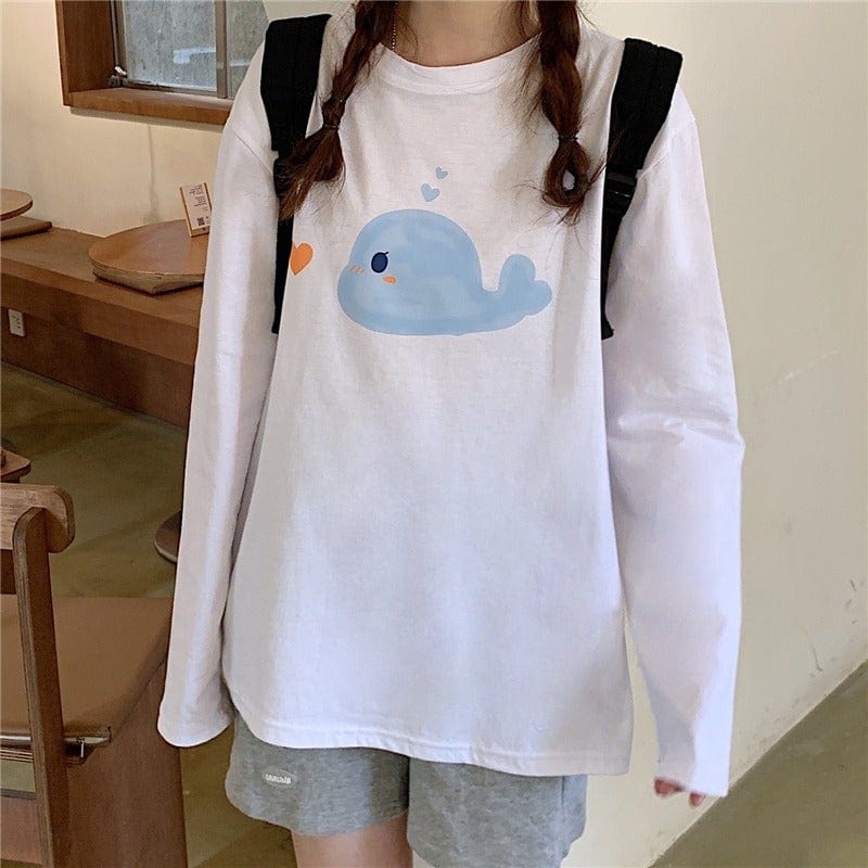 Kobine - Camiseta holgada con estampado de cetáceos Kawaii para mujer