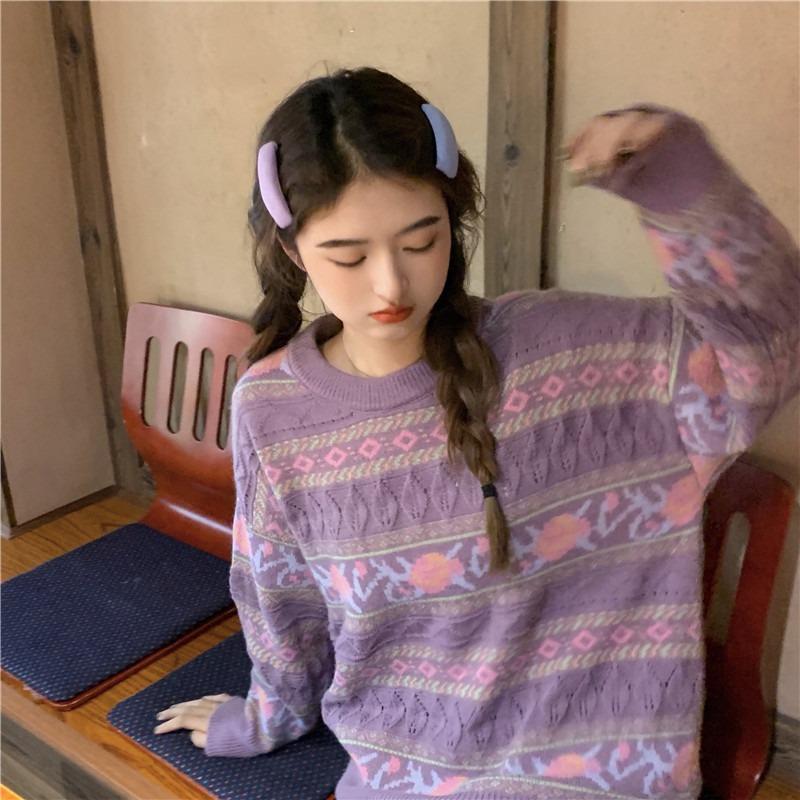 Kobine Women's Kawaii Cutout Floral Knitted Sweater