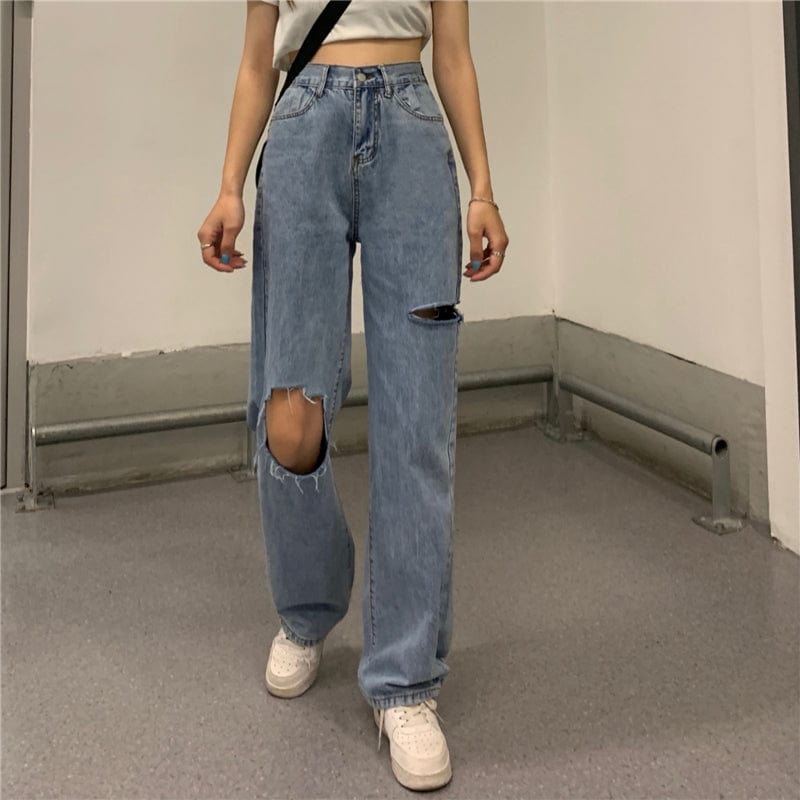 Женские прямые джинсовые брюки Kawaii с вырезами Kobine