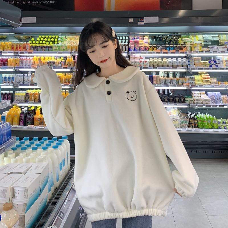Kobine Damen-Sweatshirt mit Kawaii-Puppenkragen und Bären-Stickerei