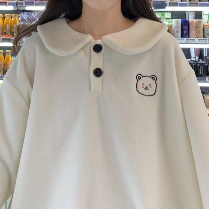 Sweat-shirt brodé ours à col de poupée Kawaii Kobine pour femmes