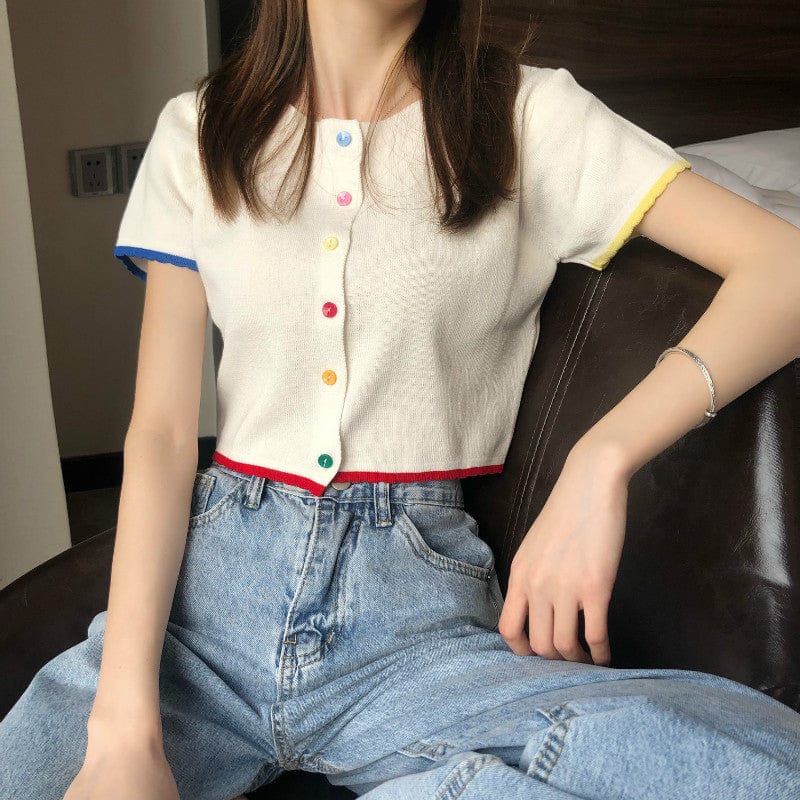 Kobine - Camiseta corta con botones de doble color Kawaii para mujer
