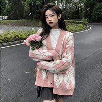 Kobine Women's Kawaii Double Color Diamond Knitted Cardigan