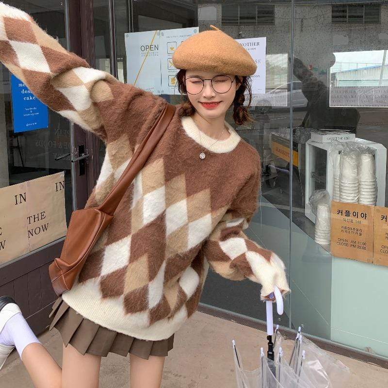 Женский двухцветный вязаный свитер с ромбами Kobine Kawaii