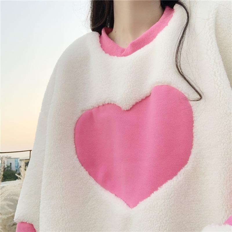 Kobine Damen-Sweatshirt Kawaii Double Color Heart Sherpa