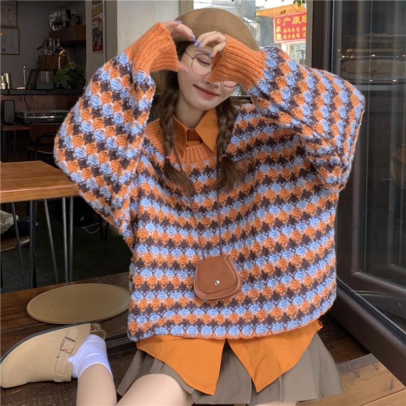Kobine Women's Kawaii Double Color Stripe Sweater