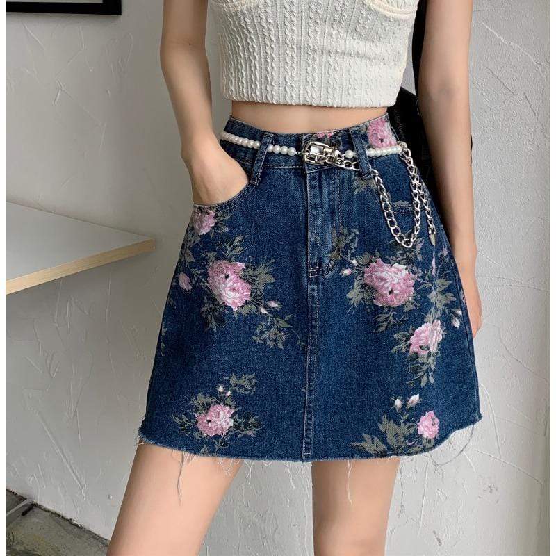Женская джинсовая юбка с цветочным принтом и ремнем с жемчугом Kobine