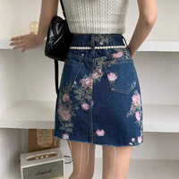 Kobine Women's Kawaii Floral Printed Denim Skirt with Pearl Belt
