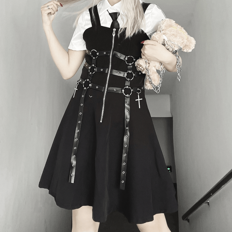 Kobine Kawaii Damen-Slipkleid mit Frontreißverschluss und Kunstlederträgern in Schwarz