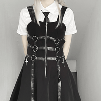 Kobine Vestido negro con cremallera frontal Kawaii para mujer con correas de piel sintética