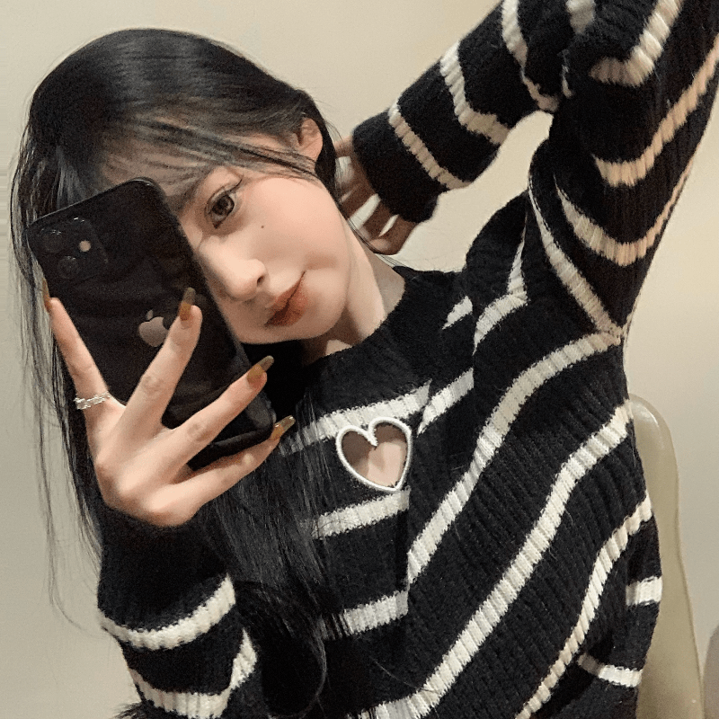 Kobine Women's Kawaii Heart Cutout Stripe Sweater