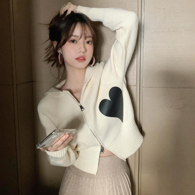 Cardigan corto da donna con cerniera stampata cuore Kawaii Kobine