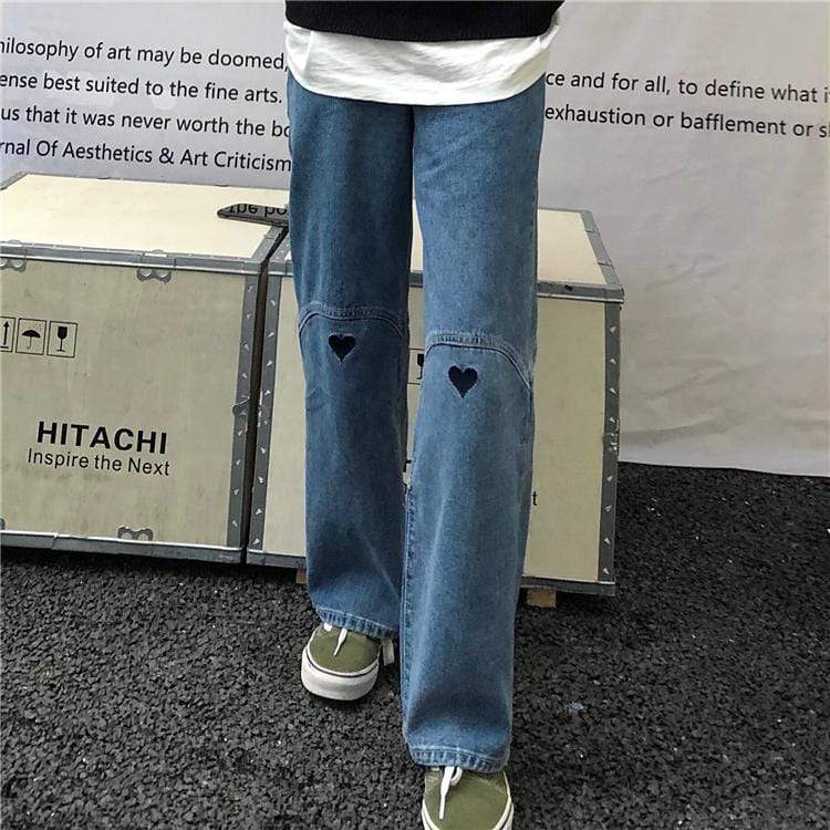 Pantalon en jean droit Kobine Kawaii Heart Splice pour femme