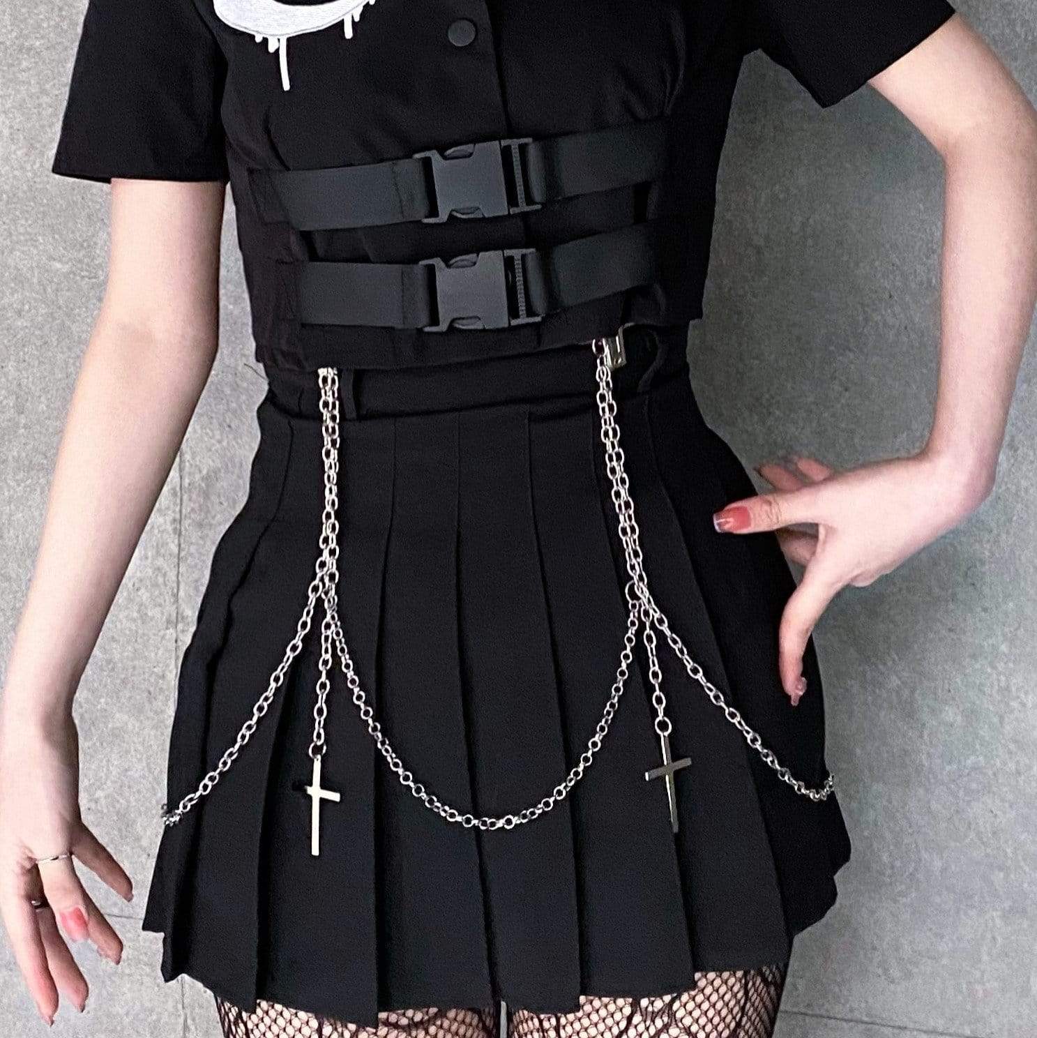 Kobine Women's Kawaii High-waisted JK Pleated Skirts with Cross Metal Chain