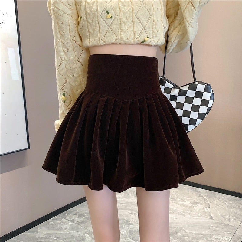 Kobine Women's Kawaii High-waisted Ruched Velvet Skirt