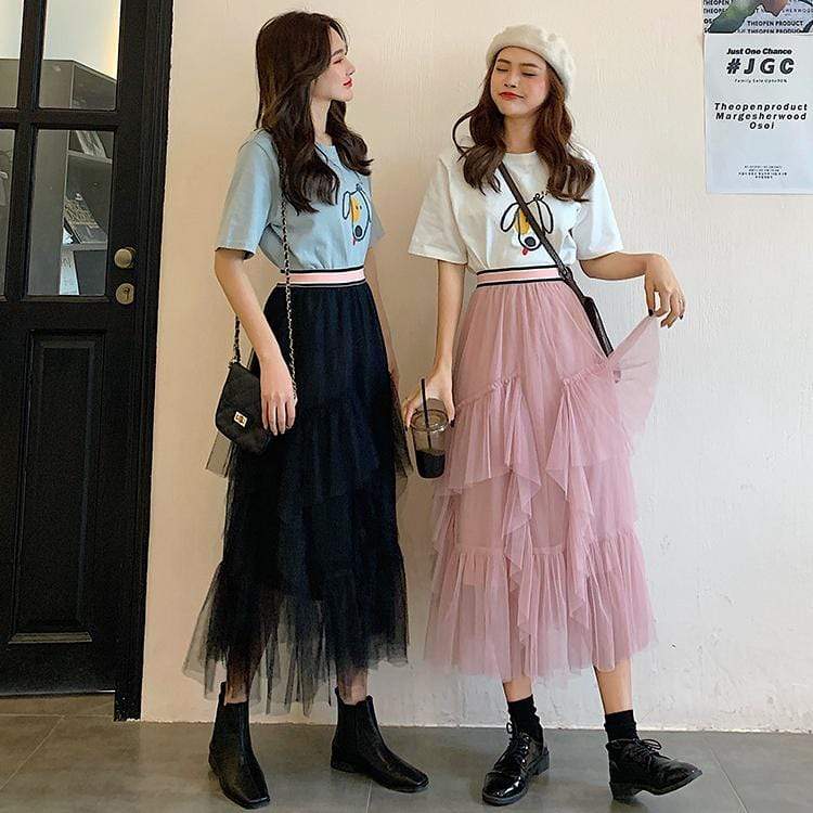 Kobine Women's Kawaii Irregular Layered Mesh Long Skirt