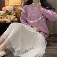 Kobine Damen-Pullover mit Kawaii-Spitze, Falbala-Spleiß und Schleife