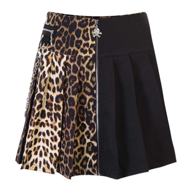Kobine Women's Kawaii Leopard Printed Contrast Color Front Zip Short Skirts with Straps
