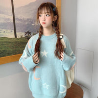 Kobine Women's Kawaii Moon Star Knitted Loose Sweater