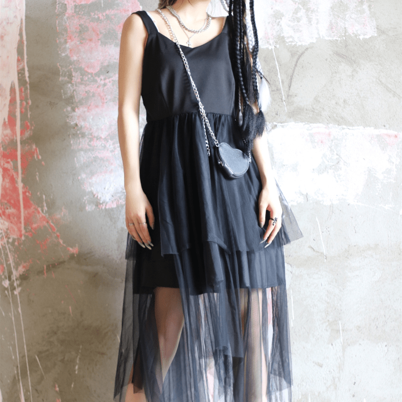 Женское многослойное сетчатое черное платье-комбинация Kobine Kawaii с сумкой на ремне Love Heart