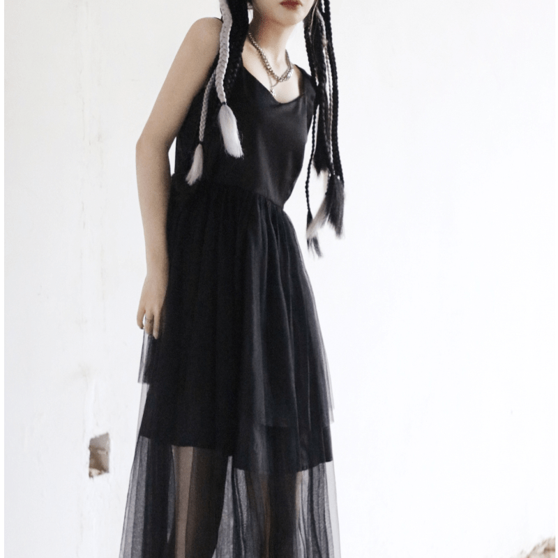 Kobine Women's Kawaii Multilayer Mesh Black Slip Dress with Love Heart Shoulder Bag