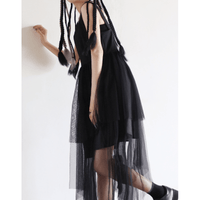 Kobine Women's Kawaii Multilayer Mesh Black Slip Dress with Love Heart Shoulder Bag