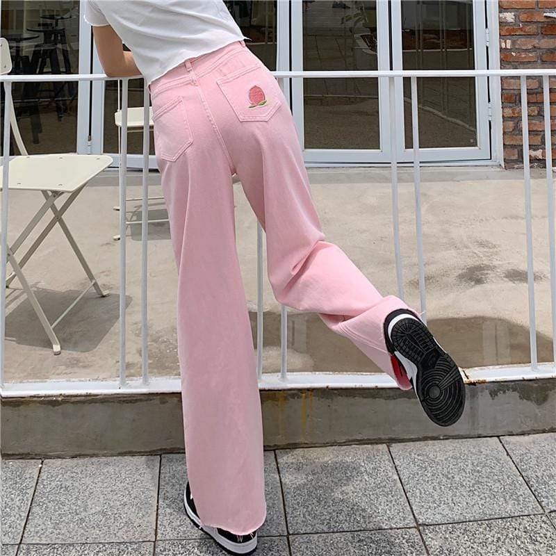 Women's Kawaii Peach Embroidered Pink Denim Pants – Kawaiifashion