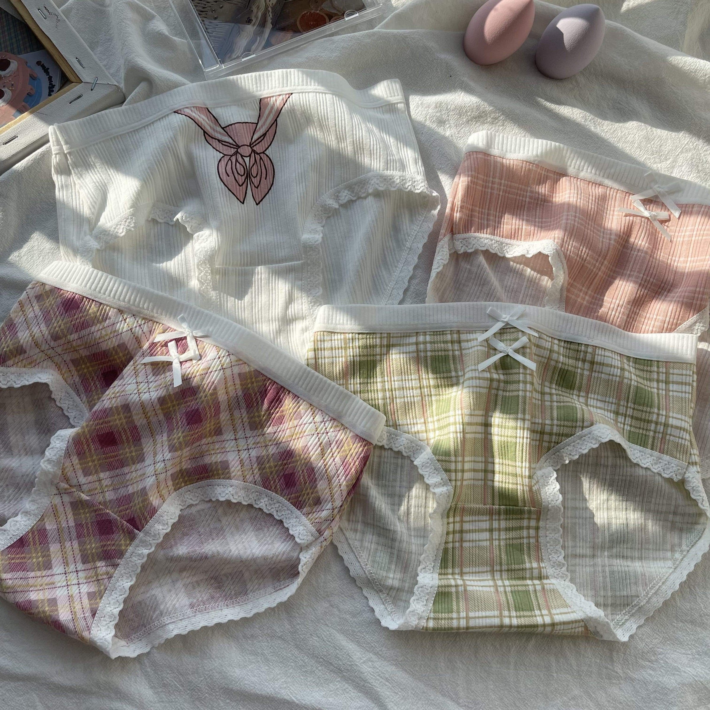 Kobine Damen-Unterwäsche mit Kawaii-Karomuster, Schleife und Spitze, 4er-Pack