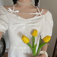 Kobine Vestido de cuello barco con mangas abullonadas Kawaii para mujer