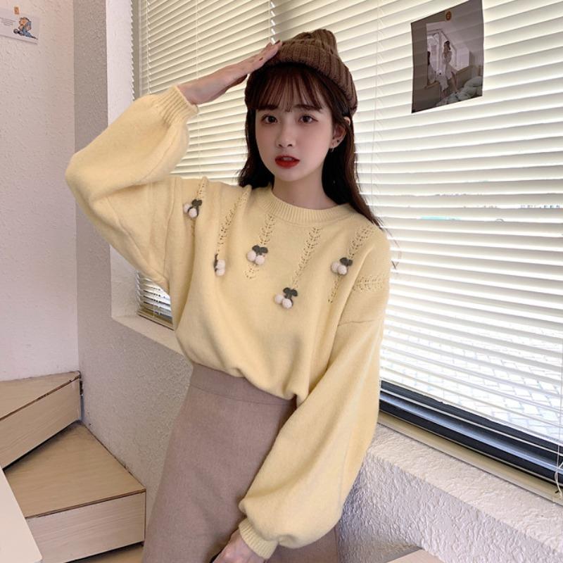 Suéter de punto de cereza con mangas abullonadas Kawaii de Kobine para mujer