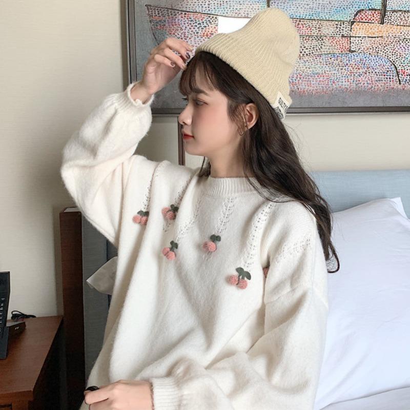 Suéter de punto de cereza con mangas abullonadas Kawaii de Kobine para mujer