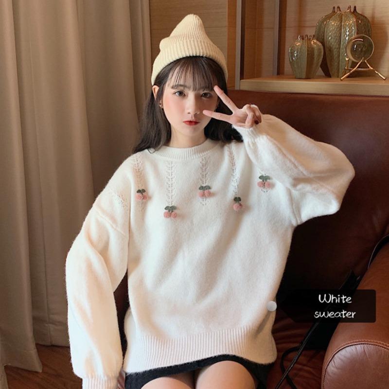 Kobine Women's Kawaii Puff Sleeved Cherry Knitted Sweater
