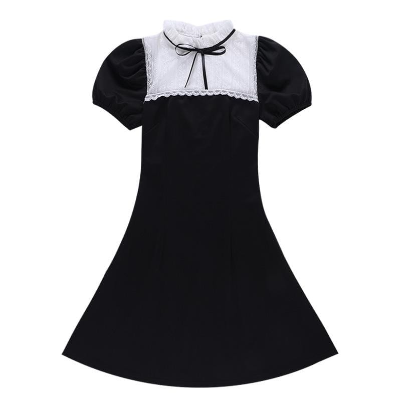 Kobine Women's Kawaii Puff Sleeved Lace Collar Black Little Dress
