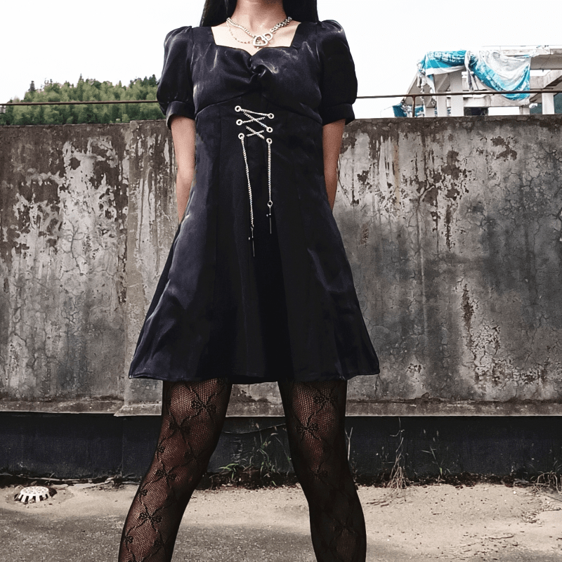 Kobine Women's Kawaii Puff Sleeved Square Collar Black Little Dress with Cross Chain