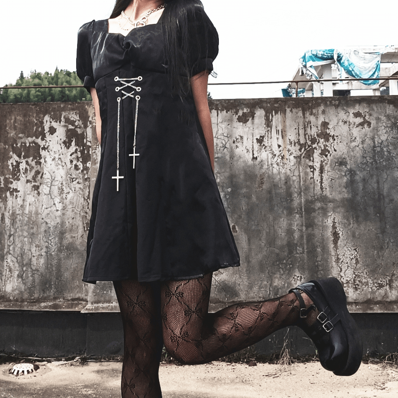 Kobine Women's Kawaii Puff Sleeved Square Collar Black Little Dress with Cross Chain
