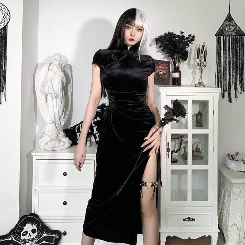 Kobine Kawaii-Cheongsam-Kleid aus schwarzem Velet mit seitlichem Schlitz für Damen
