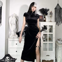 Kobine Women's Kawaii Side Slit Black Velet Cheongsam Dress