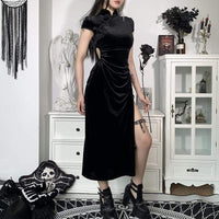 Kobine, vestito cheongsam in velet nero con spacco laterale kawaii da donna
