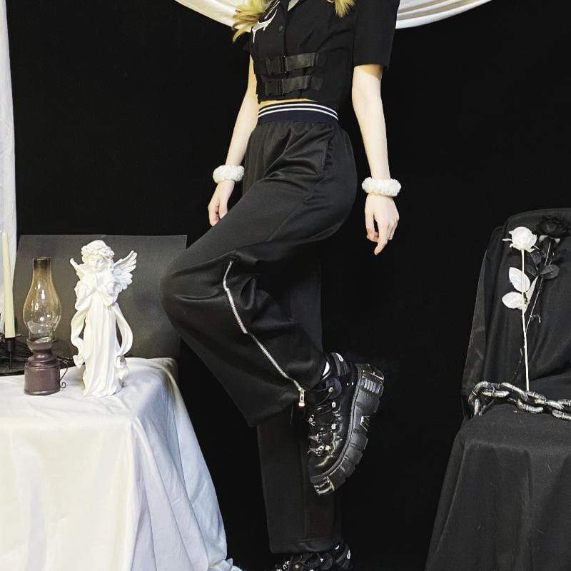 Kobine Kawaii Damen-Sporthose mit seitlichem Reißverschluss, Schwarz