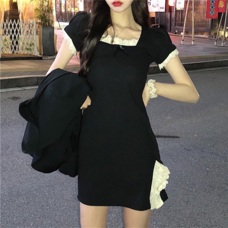 Kobine Women's Kawaii Slim Fitted Side Slit Black Short Dress
